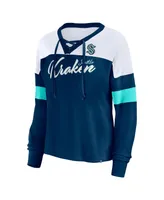 Women's Fanatics Deep Sea Blue Seattle Kraken Take the Shot Long Sleeve Lace-Up V-Neck T-shirt