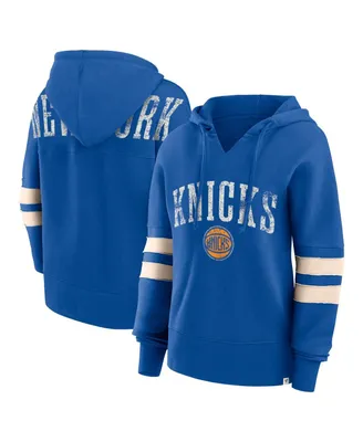 Women's Fanatics Blue Distressed New York Knicks Bold Move Dolman V-Neck Pullover Hoodie