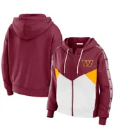 Women's Wear by Erin Andrews Burgundy, White Washington Commanders Color Block Light Weight Modest Crop Full-Zip Hoodie