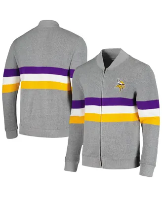 Men's Mitchell & Ness Gray Minnesota Vikings Striped Full-Zip Cardigan Sweater