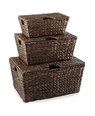 Casafield Set of 3 Water Hyacinth Storage Baskets (Small/Medium/Large), Multipurpose Organizer Totes with Tapered Bottoms and Removable Lids