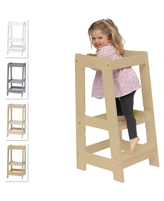 Step-up Baby Montessori Toddler Tower Kitchen Wooden Helper Step Stool, Adjustable Steps with Safety Rail