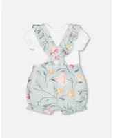 Baby Girl Organic Cotton Onesie And Muslin Shortall Set Light Blue With Printed Romantic Flowers - Infant