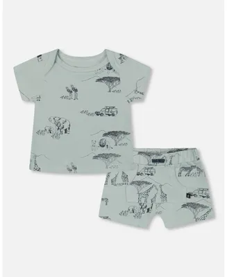 Baby Boy Organic Cotton Top And Short Set Sage With Printed Jungle - Infant