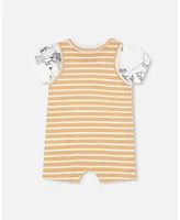 Baby Boy Organic Cotton Onesie And Shortall Set Sand Stripe - Infant