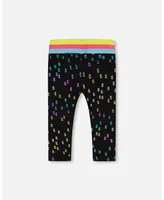 Girl Capri Legging Black With Colored Metallic Flower Print - Child