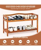 Tier Acacia Wood Shoe Rack with Side Metal Hooks