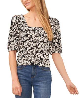 CeCe Women's Ditsy Floral Square Neck Puff Sleeve Knit Top
