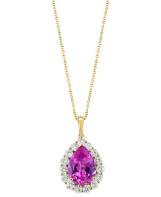 Effy Lab Grown Pink Sapphire (5-5/8 ct. t.w) & Lab Grown Diamond (1-1/3 ct. t.w.) Pear Halo 18" Pendant Necklace in 14k Gold