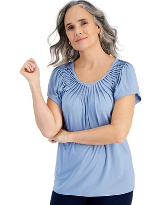 Style & Co Women's Pleated-Neck Short-Sleeve Top, Regular Petite, Created for Macy's