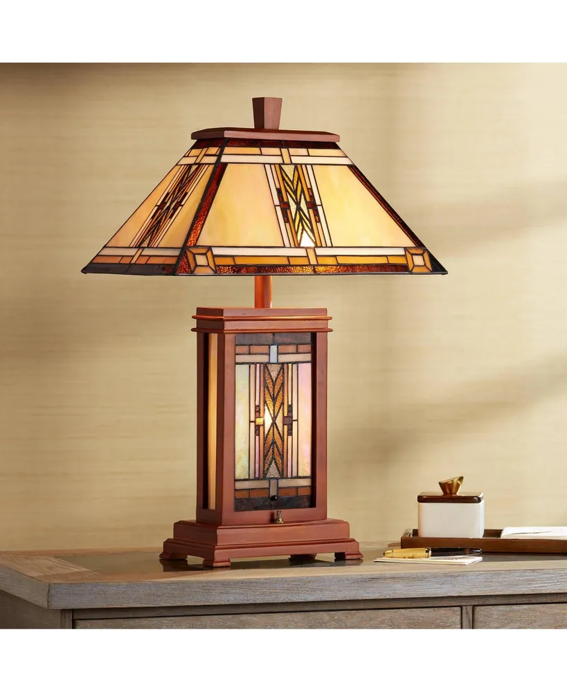 Walnut Mission Collection Rustic Table Lamp with Nightlight 27" Tall Wood Base Tiffany Style Antique Stained Art Glass Shade for Living Room Bedroom H