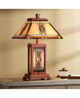 Walnut Mission Collection Rustic Table Lamp with Nightlight 27" Tall Wood Base Tiffany Style Antique Stained Art Glass Shade for Living Room Bedroom H