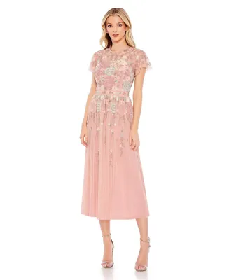 Women's Embellished Illusion High Neck Butterfly Sleeve Midi Dress
