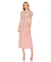 Women's Embellished Illusion High Neck Butterfly Sleeve Midi Dress