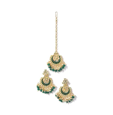 Sohi Women's Green Stone Drop Earrings & Maangtikka Set