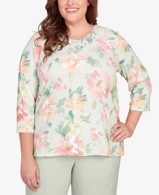 Alfred Dunner Plus English Garden Watercolor Floral Lace Neck Top