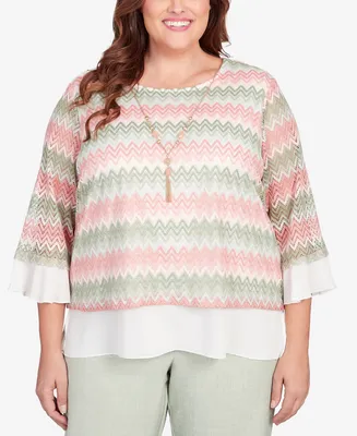 Alfred Dunner Plus English Garden Zig Zag Texture Top with Necklace