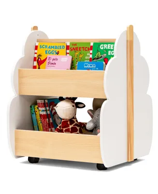 Kids Wooden Bookshelf w/ Wheels 2-Tier Toy Storage Shelf Double-sided Bookcase