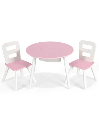 Kids Wooden Round Table & 2 Chair Set w/ Center Mesh Storage