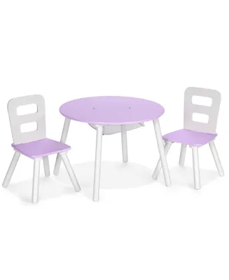 Kids Wooden Round Table & 2 Chair Set w/ Center Mesh Storage