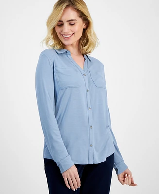 Style & Co Petite Button-Front Long-Sleeve Knit Shirt, Created for Macy's