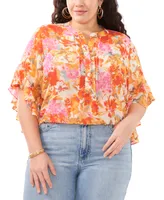 Vince Camuto Plus Size Floral Pintuck V-Neck 3/4- Flutter-Sleeve Blouse