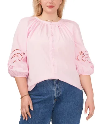 Vince Camuto Plus Size Cotton Embroidered-Puff-Sleeve Top