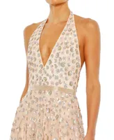 Women's Floral Embellished Halter Strap A Line Gown