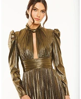 Women's Long Sleeve Keyhole Neck Heat Pleat Metallic Gown