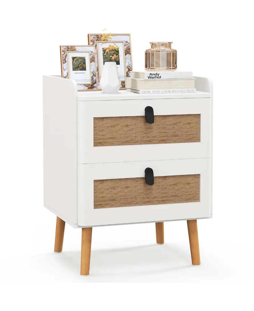 1 Pc Modern Nightstand End Bedside Table with 2 Rattan Drawers & Solid Wood Legs