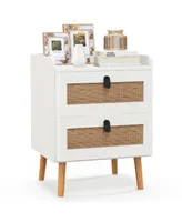 1 Pc Modern Nightstand End Bedside Table with 2 Rattan Drawers & Solid Wood Legs