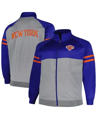 Men's Fanatics Blue, Heather Gray New York Knicks Big and Tall Pieced Stripe Raglan Full-Zip Track Jacket