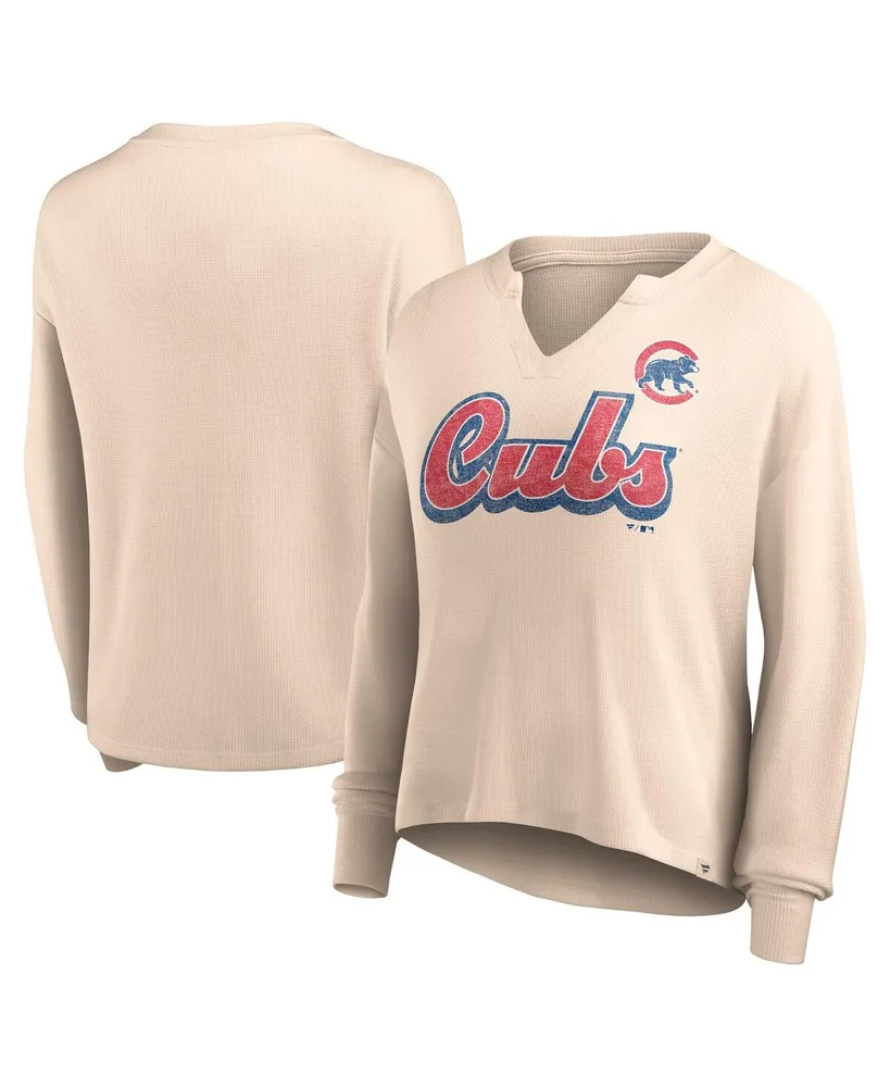 Women's Fanatics Cream Distressed Chicago Cubs Go For It Waffle Knit Long Sleeve Notch Neck T-shirt
