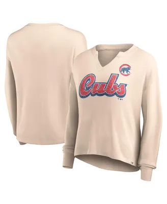 Women's Fanatics Cream Distressed Chicago Cubs Go For It Waffle Knit Long Sleeve Notch Neck T-shirt