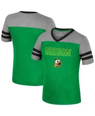 Big Girls Colosseum Green, Heather Gray Oregon Ducks Summer Striped V-Neck T-shirt