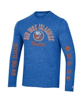 Men's Champion Heather Royal Distressed New York Islanders Multi-Logo Tri-Blend Long Sleeve T-shirt