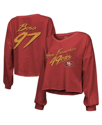 Women's Majestic Threads Nick Bosa Scarlet Distressed San Francisco 49ers Name and Number Script Off-Shoulder Cropped Long Sleeve T-shirt