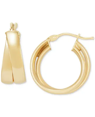 Italian Gold Polished Crossover Double Small Hoop Earrings in 14k Gold, 20mm