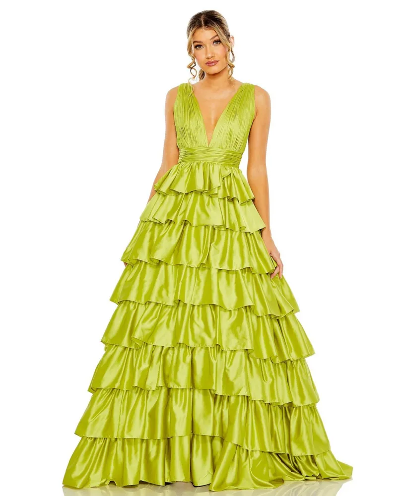 Women's Ruffle Tiered Pleated Sleeveless V Neck Gown