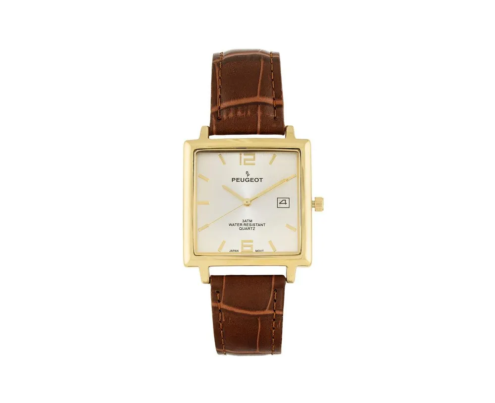 Peugeot Men's 35mm 14K Gold Plated Square Watch with Brown leather Strap