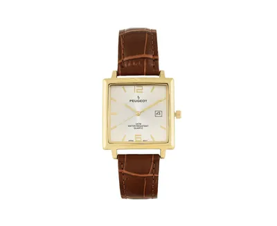 Peugeot Men's 35mm 14K Gold Plated Square Watch with Brown leather Strap