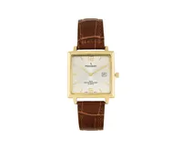 Peugeot Men's 35mm 14K Gold Plated Square Watch with Brown leather Strap