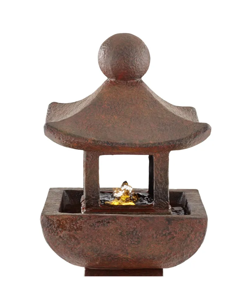 Garden Pagoda Japanese Asian Style Outdoor Floor Fountain with Light Led 31" High Faux Rust Stone for Patio Backyard Deck Home Lawn Porch House Relaxa