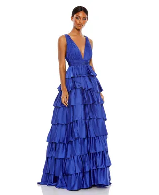 Women's Ruffle Tiered Pleated Sleeveless V Neck Gown