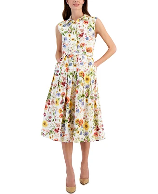 T Tahari Women's Floral Printed Linen-Blend Belted Fit & Flare Midi Dress