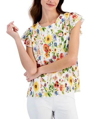 T Tahari Women's Floral-Printed Flutter-Sleeve Pleated Top