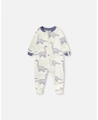 Baby Boy Organic Cotton One Piece Pajama Heather Beige Printed Dinosaurs - Infant