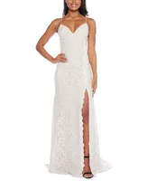 B Darlin Juniors' Glitter Lace Open-Back Sleeveless Gown