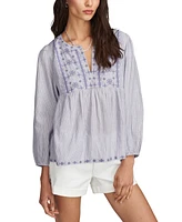 Lucky Brand Women's Striped Cotton Notched-Neck Peasant Blouse