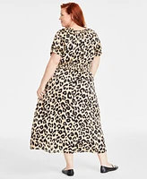 On 34th Trendy Plus Size Leopard-Print V-Neck Short-Sleeve Midi Dress, Created for Macy's